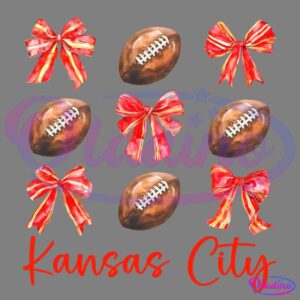 Illustration featuring a pattern of four footballs and five red and gold bows arranged in three rows. The words "Kansas City" are written in bold red script at the bottom of the image.