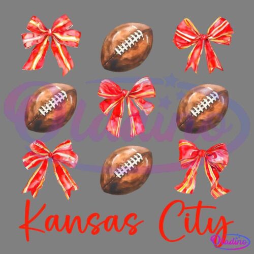 Illustration featuring a pattern of four footballs and five red and gold bows arranged in three rows. The words "Kansas City" are written in bold red script at the bottom of the image.