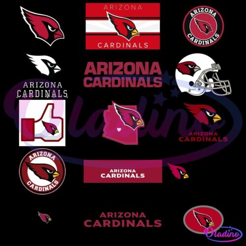 A collage of various Arizona Cardinals logos and designs. There are 16 different representations including the team name in uppercase letters, the cardinal bird head logo, outlines of Arizona, a helmet, a thumbs-up design, and different color schemes.