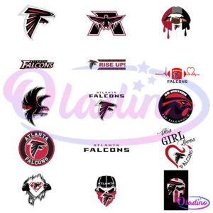 A 4x4 grid showcasing various designs of the Atlanta Falcons logo and related graphics. The designs include different representations of the falcon, the team's name in different fonts, and related imagery, such as a falcon head and fan art, all in team colors of red, black, and white.