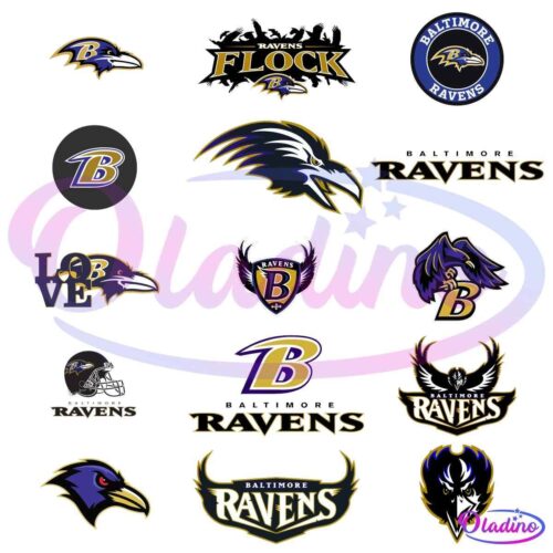 A collage of various Baltimore Ravens logos in different styles, including the team’s name depicted in several fonts, illustrations of a raven’s head, and a mix of letter-based logos and full emblem designs, all in the team's colors of black, purple, and gold.