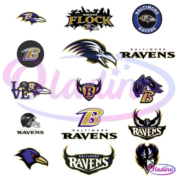 A collage of various Baltimore Ravens logos in different styles, including the team’s name depicted in several fonts, illustrations of a raven’s head, and a mix of letter-based logos and full emblem designs, all in the team's colors of black, purple, and gold.