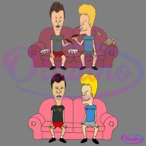 Top: Two cartoon characters sit on a purple couch eating snacks, both wearing band T-shirts. Bottom: The same characters sit on a pink couch wearing the same clothes but without snacks, mirroring their previous pose.