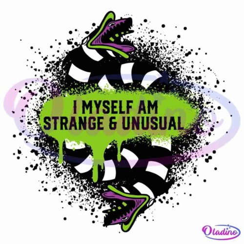 A black background features a swirling black and white striped pattern with two open-mouthed purple and green snake-like creatures. A green splatter in the center has the text "I MYSELF AM STRANGE & UNUSUAL" in bold black letters.