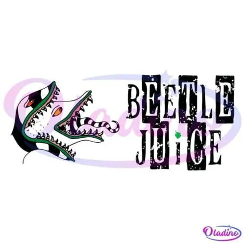 A stylized illustration featuring a three-headed snake-like creature with green and gold accents on a black background. An intertextual text to the right reads "Beetle Juice," with a small green beetle replacing the dot in the letter "i.