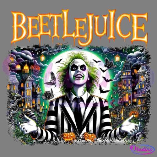 An illustration of a character with green hair, black and white face makeup, and a striped suit stands with arms outstretched, surrounded by spooky elements like bats, spiders, haunted houses, and pumpkins. The title "Beetlejuice" appears at the top in fiery lettering.