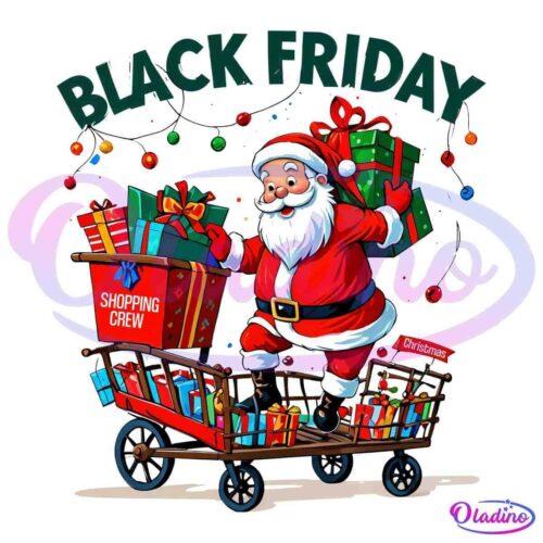 Illustration of Santa Claus in a red suit and hat, holding multiple wrapped gifts and standing in a wagon filled with presents. The text "BLACK FRIDAY" appears at the top, and a sign on the wagon reads "Shopping Crew." Festive decorations are scattered around.