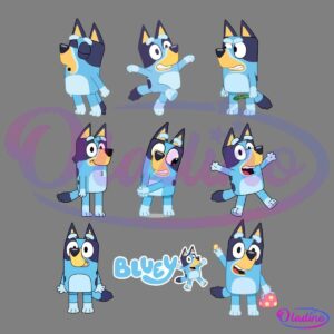 A series of images featuring the cartoon character Bluey in various poses and expressions, including walking, looking surprised, happy, and holding a toy. The character is dressed in light blue with darker blue accents. The word "Bluey" is displayed at the bottom.