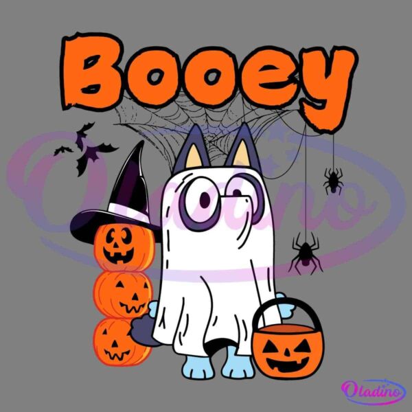 A cartoon cat dressed as a ghost holds a pumpkin bucket. Behind it are three stacked pumpkins with faces, topped with a witch's hat. The word "Booey" is written at the top in orange letters. The background is black.