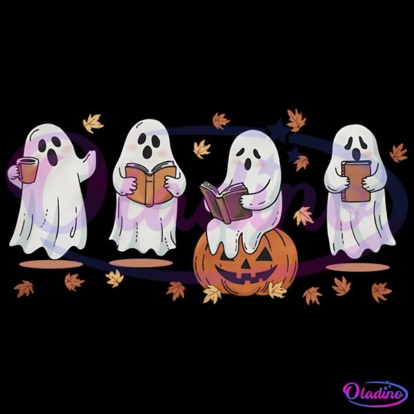 Four cute ghost illustrations are shown in a row amidst falling autumn leaves. The first ghost is holding a coffee cup, the second ghost is reading a book, the third ghost is sitting on a pumpkin while reading, and the fourth ghost is holding a clipboard.