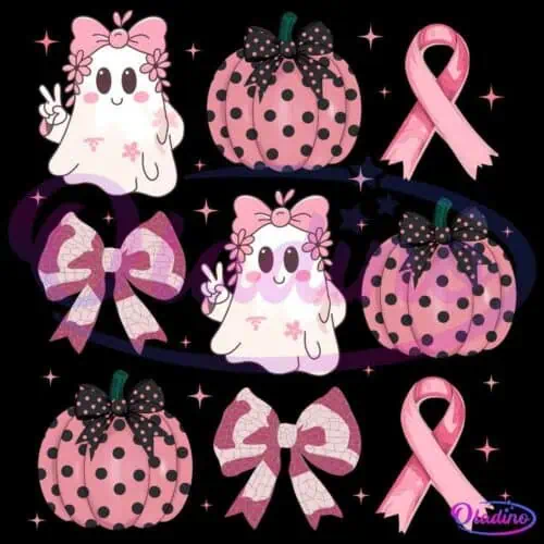 A collection of pink and black themed graphics includes ghosts with bows, polka-dotted pumpkins, pink breast cancer awareness ribbons, and decorative ribbons. The design features flourishing stars around the graphics, creating a cute and cohesive look.