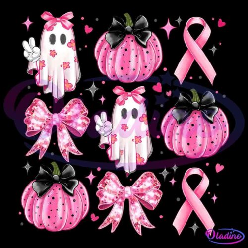 Cartoon pink pumpkins with black bows, pink ribbons, pink bows, and ghost figures making peace signs with hand gestures, all adorned with pink flowers. The background is black with sparkling star accents, hearts, and ribbons, creating a festive and whimsical design.