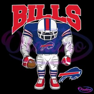 An illustration of a muscular football player wearing a white helmet and a blue jersey with red accents. The player, holding a football, stands under large red text that reads "BILLS." The Buffalo Bills' logo, a charging buffalo, is depicted near the player's feet.