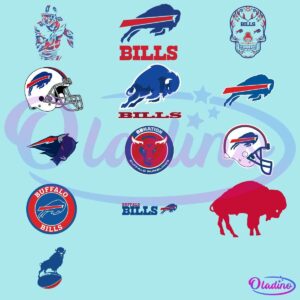 A collage featuring various logos of the Buffalo Bills, including team helmets, a charging buffalo icon, and the team name "BILLS" in different styles and colors. There are also unique artistic variations like a bison skull and a stylized bison in red.