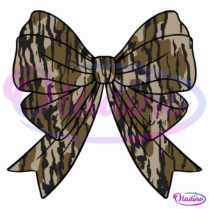 Illustration of a large, ribbon bow with an intricate camouflage pattern in shades of brown, green, and black. The bow is neatly tied, with even loops and tails hanging symmetrically down on either side. The background is plain black.