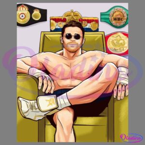 Illustration of a muscular man lounging confidently on a green armchair, wearing sunglasses and boxing hand wraps. Several championship belts are displayed on the wall behind him, signifying his achievements in boxing.