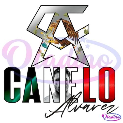 A stylized logo featuring a bold "Canelo Alvarez" text. The letters are filled with the colors and design of the Mexican flag. Above the text, there's a mirrored, angular design with an eagle clutching a snake, representing the emblem on the Mexican flag.