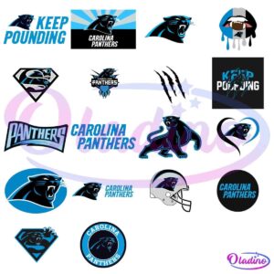 A collection of various Carolina Panthers logos and graphics on a black background. The designs include stylized panther heads, team names, slogans like "Keep Pounding," and different renditions of the iconic panther logo in blue, black, and white.