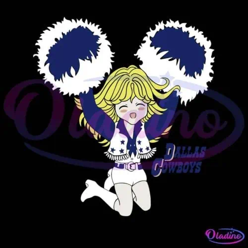 Illustration of a cheerful cheerleader with blonde hair and pigtails, wearing a white and blue outfit with stars, holding up blue and white pom-poms. The text "Dallas Cowboys" is written beside her. She is jumping with excitement on a black background.