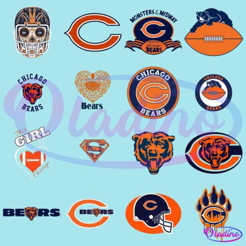 A collage of Chicago Bears logos and related images. Various designs include the Bears' "C" logo, bear mascots, football themes, and phrases like "This girl loves Chicago" and "Monsters of the Midway." Some logos incorporate heart shapes, helmets, and paw prints.