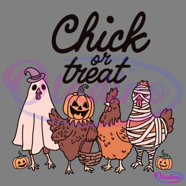 Four chickens in Halloween costumes stand in front of the words "Chick or Treat." One is dressed as a ghost, another wears a pumpkin on its head, the third is holding a treat basket, and the last is wrapped like a mummy. Small pumpkins are at their feet.