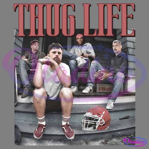 Four men sit on wooden steps outside a house with a red football helmet in the foreground. The words "THUG LIFE" are written in bold, red letters at the top of the image. The men are dressed casually, and one holds a football on his lap.