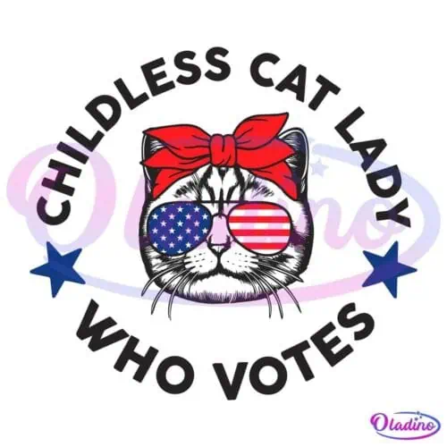 Drawing of a cat wearing sunglasses with the USA flag and a red bandana against a black background. The text "CHILDLESS CAT LADY WHO VOTES" arcs around the cat's head with two blue stars on either side.