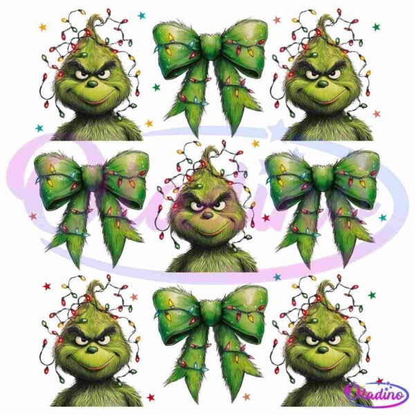 Pattern featuring alternating images of the Grinch and green bows decorated with Christmas lights. The Grinch