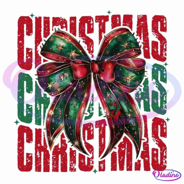 A festive green and red ribbon with gold accents is tied into a bow. The background consists of the word "CHRISTMAS" repeated three times in bold, distressed text, alternating in red and green colors. The design features stars and holiday graphics.