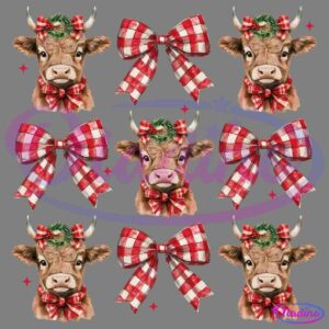 Pattern featuring illustrations of cows wearing red and white plaid bows and decorated with greenery on their heads, alternated with large red and white plaid bows. The background is black with small red stars scattered throughout.