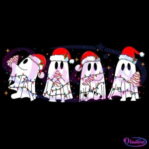 Four cartoon ghosts wrapped in colorful holiday lights and wearing Santa hats. The background is black with bright stars scattered around them. Each ghost is holding a candy cane and their expressions appear joyful, adding a whimsical festive touch.