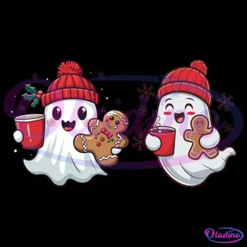 Two cute ghosts, each wearing red knit beanies, enjoy Christmas treats. One ghost holds a red cup and a gingerbread man, adorned with holly leaves. The other ghost, with rosy cheeks, holds a gingerbread man and a mug, surrounded by snowflakes.