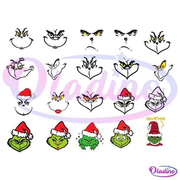 A collection of multiple Grinch faces wearing Santa hats. The faces range from neutral expressions to grinning, with variations in eye shapes and expressions. Some faces are humorous and exaggerated.