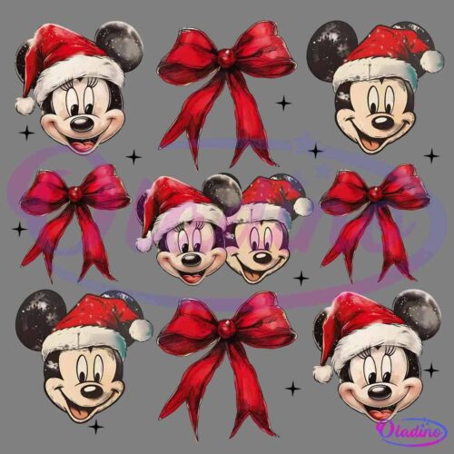 Pattern of cartoon mouse faces. The mice wear Santa hats, and alternate with red, ribbon-style bows. The background is black.