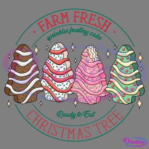 Illustration of four Christmas tree-shaped cakes decorated with various colorful icing and sprinkles. Text reads "Farm Fresh Christmas Tree, sprinkles frosting cake, Ready to Eat" in a circular design around the cakes.