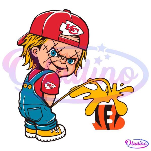 A cartoon character resembling a mischievous boy with blue overalls and a red Kansas City Chiefs cap lifts his right leg and appears to urinate on the Cincinnati Bengals logo. The boy has a mischievous expression and stitched-up features, reminiscent of a doll. .