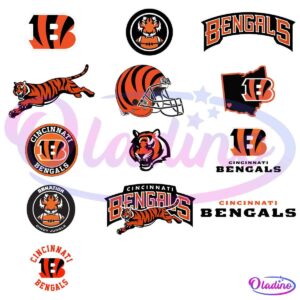 A grid of various Cincinnati Bengals logos and graphics on a black background. Includes team name text, tiger head, tiger stripes, and different Bengal tiger illustrations and stylized text variations prominently featuring black, orange, and white colors.