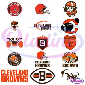 A collection of 17 Cleveland Browns logos arranged in rows. The designs include various depictions of football helmets, bulldogs, footballs, and text styles, all featuring the team's colors: orange, brown, and white.