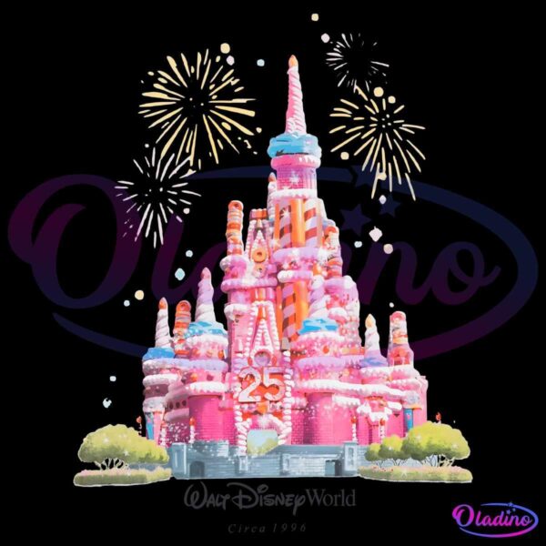 Illustration of the Walt Disney World Castle decorated as a giant pink birthday cake with "25" written on it. The castle is adorned with icing, candy, lollipops, and candles, surrounded by green shrubs and fireworks exploding in the sky. Text below reads "Walt Disney World Circa 1996.