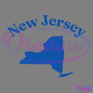 A blue silhouette of the state of New York with text reading "New Jersey" curved over the top in a matching blue font.