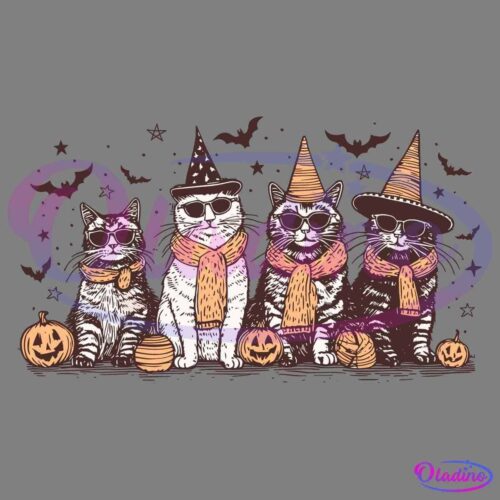 Four cats wearing witch hats, scarves, and sunglasses sit in a row surrounded by carved pumpkins, stars, and flying bats. The whimsical Halloween-themed illustration is in a monochromatic color scheme with shades of orange and black.