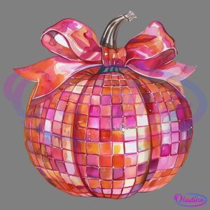 A digitally illustrated pumpkin is covered in a shiny, pink and orange mosaic tile pattern, resembling a disco ball. The pumpkin has a large, matching bow wrapped around the top.