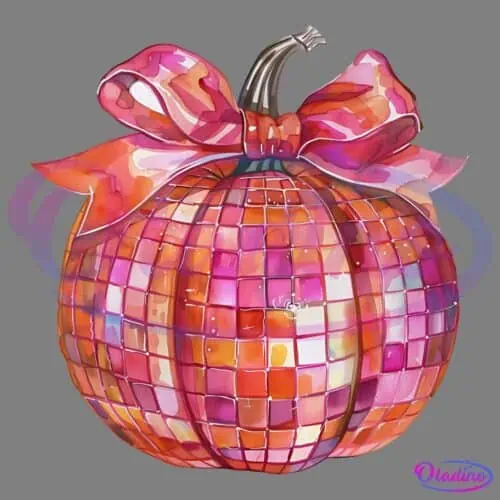 A digitally illustrated pumpkin is covered in a shiny, pink and orange mosaic tile pattern, resembling a disco ball. The pumpkin has a large, matching bow wrapped around the top.