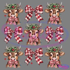 A pattern featuring cute cows wearing Christmas wreaths and red plaid scarves. The design includes alternating rows of the cows' faces with red and white plaid bows, all set against a black background with scattered red stars.