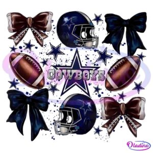 A graphic design featuring "Cowboys" in bold text at the center with two dark blue football helmets, four brown footballs, and five decorative bows in dark blue and brown, all set against a dark splattered starry background.