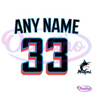 A stylized sports jersey graphic featuring the text "ANY NAME" above the number "33" in a futuristic font with blue and red accents. A logo of a marlin fish with a baseball in its mouth and the text "Miami" is in the bottom right corner.