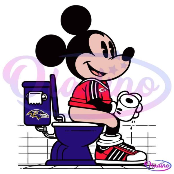 A cartoon character resembling Mickey Mouse is sitting on a blue toilet that has a Baltimore Ravens logo. The character is holding a roll of toilet paper and wearing a red sports jersey and sneakers. The background is black.