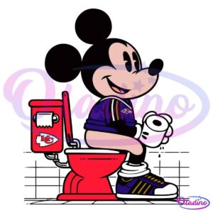 A cartoon character with Mickey Mouse's appearance, wearing a Baltimore Ravens jersey, sits on a red toilet that has a Kansas City Chiefs logo on the tank. The character is holding a roll of toilet paper and smiling, with more toilet paper on a holder.