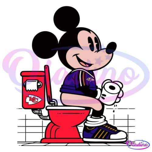 A cartoon character with Mickey Mouse's appearance, wearing a Baltimore Ravens jersey, sits on a red toilet that has a Kansas City Chiefs logo on the tank. The character is holding a roll of toilet paper and smiling, with more toilet paper on a holder.