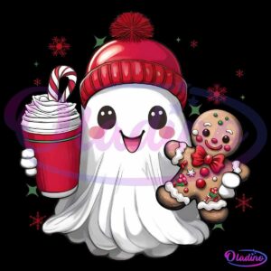 A cute cartoon ghost wearing a red winter hat is smiling while holding a gingerbread cookie and a hot beverage with whipped cream and a candy cane. Red snowflakes and green sparkles surround the ghost, adding a festive holiday touch.